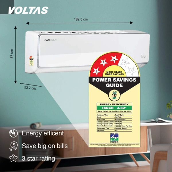 Voltas 1.5 Ton 3 Star Inverter Split AC (Copper 183VCZS White) - 1.5 Ton, White, 1 year on product, 1 year on condenser, 5 years on compressor